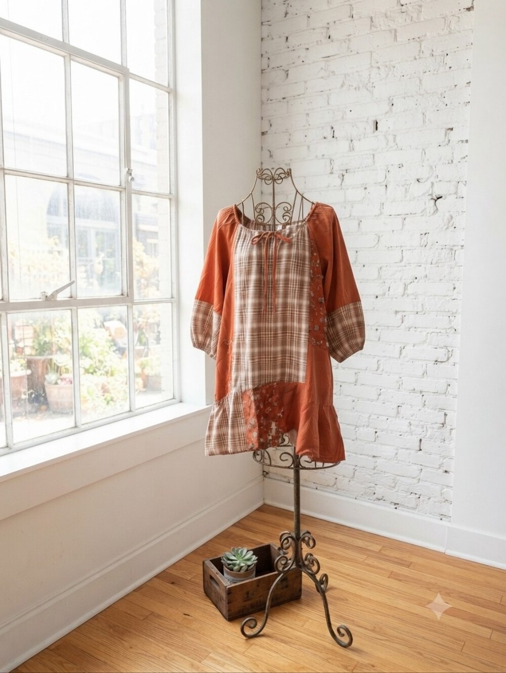 easel Rust and Beige Plaid Patchwork Midi Dress
